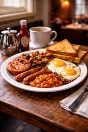 Full English Breakfast tradicional servido en un café de Londres, con huevos fritos, salchichas, bacon, porotos en salsa, tomate grillado, champiñones y tostadas, sobre una mesa de madera junto a una ventana.