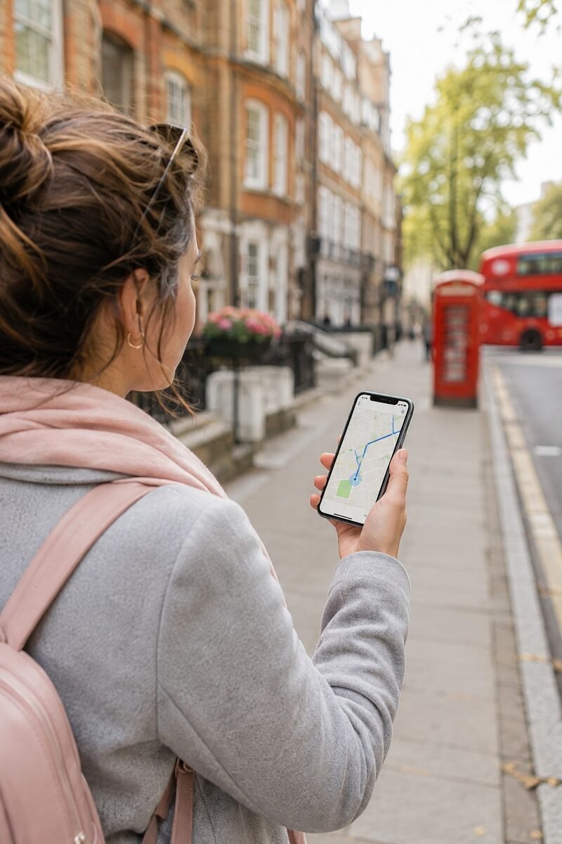 Persona usando el celular con Google Maps en una calle de Londres, con un bus rojo y una cabina telefónica al fondo